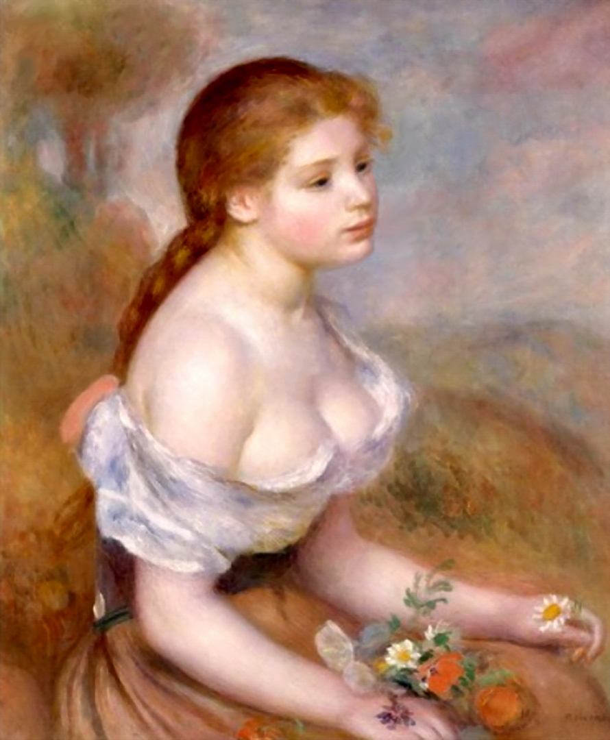 A Young Girl with Daisies Pierre Auguste Renoir. A pretty young lady with buxom breasts and a white low cut blouse just covering her nipples. She has long brown hair flowing down her back and she is wearing a brown dress. She also has lovely eyes and luscious lips on her kisser.